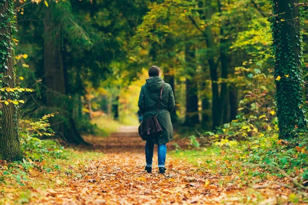 Mulher andando na floresta de outono — Fotografia de Stock