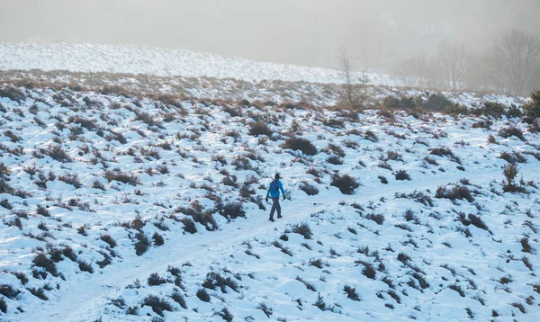 Caminhante caminhando na colina nevada — Fotografia de Stock