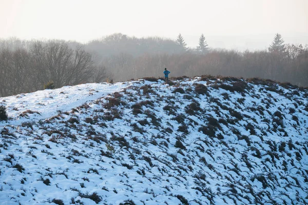 Caminhante em pé na colina nevada — Fotografia de Stock