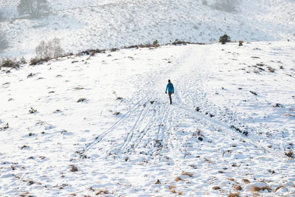 Heuvels in de sneeuw met de wandelaar. — Stockfoto