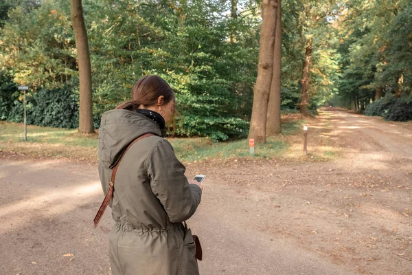 Woman with smartphone in forest — Stock Photo, Image