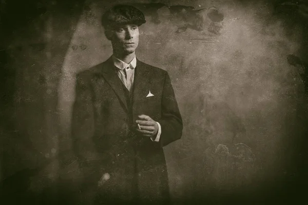 English gangster standing with cigarette — Stock Photo, Image