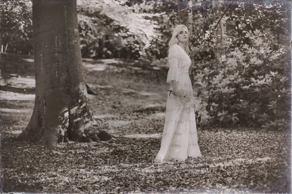 Noiva em vestido branco na floresta — Fotografia de Stock