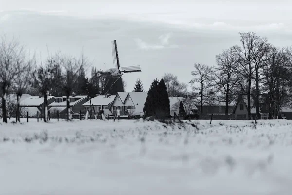 Landelijk dorp met windmolen — Stockfoto