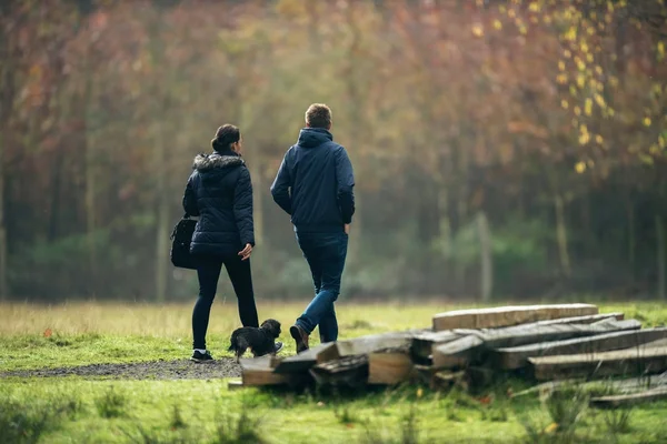 Mann und Frau gehen mit Hund spazieren — Stockfoto