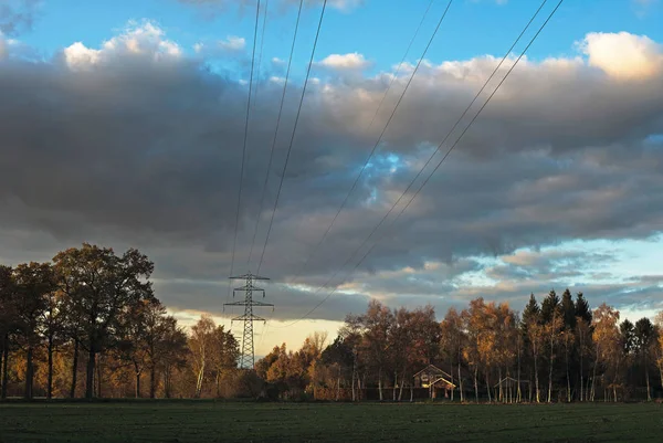 rural fall landscape with electricity pole under cloudy sky