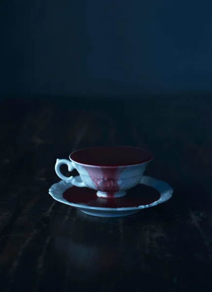 White Tea Cup Filled Blood Dark Wooden Table — Stock Photo, Image