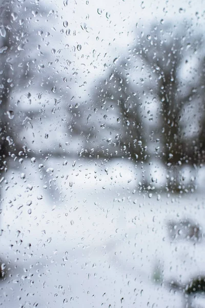 Raindrops on window with snowy garden — Stock Photo, Image