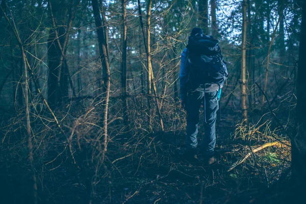 Backpacker vandring i vinter skog — Stockfoto