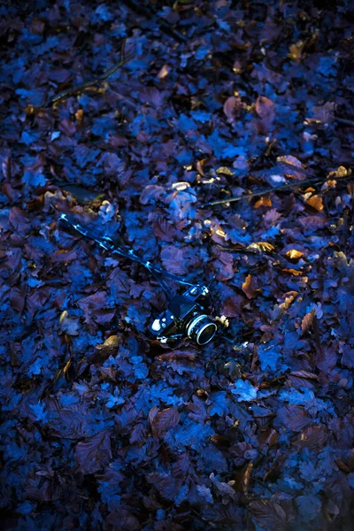 Câmera perdida deitada no chão da floresta — Fotografia de Stock