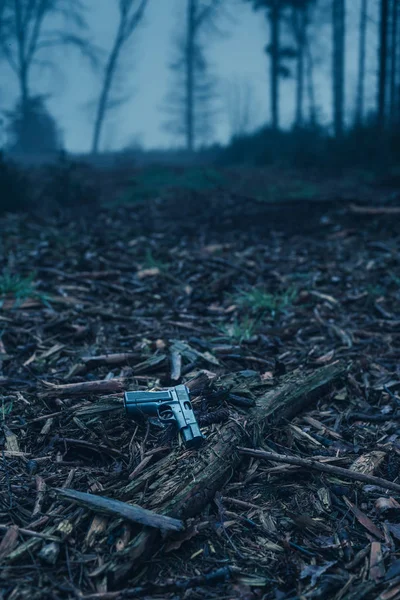 霧深い冬の森の地面に失われたピストル. — ストック写真