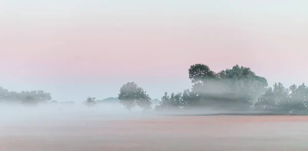 Foggy landsbygd landskap i gryningen. — Stockfoto