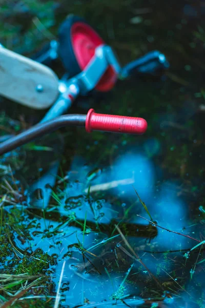 Övergivna barn trehjuling i pöl av mörkt vatten i skogen. — Stockfoto