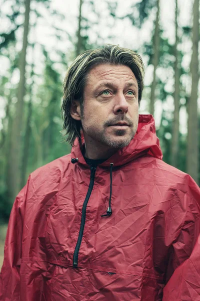 Uomo in impermeabile rosso nel bosco. Guardando in alto . — Foto Stock