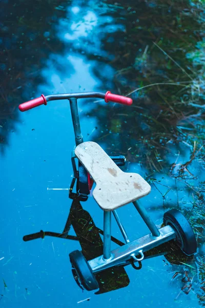 Abandoned kids tricycle in puddle of dark water in forest. — Stock Photo, Image