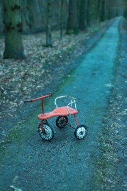 Abandoned tricycle on forest path. clipart