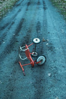 Abandoned tricycle dropped on dirt road in forest.
