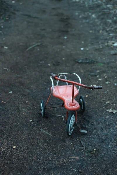 Triciclo abandonado no caminho florestal . — Fotografia de Stock