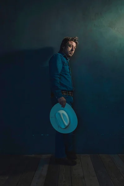 Man Wearing Denim Shirt Cowboy Hat Hand Standing Wall — Stock Photo, Image