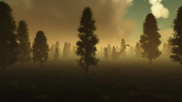 霧の森のコンピュータで恐竜のイラストを生成 — ストック写真