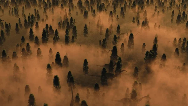 Luchtfoto Van Mistig Bos Met Dinosaurussen Digitaal Gegenereerd Beeld — Stockfoto