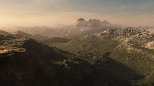 Mountain Landscape Fog Sunrise Digitally Generated — Stock Photo, Image