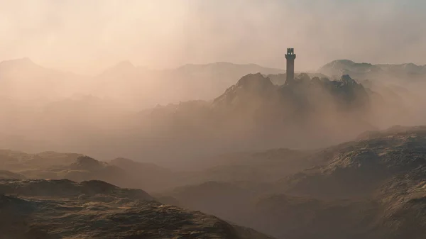 Bell Tower Misty Mountainous Landscape Computer Generated Image — Stock Photo, Image