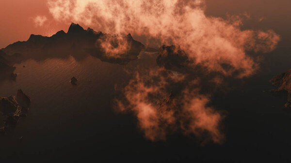 Peaky rocks in ocean with some clouds. Computer generated image.