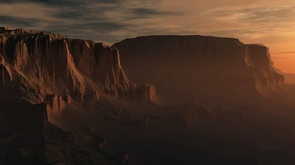 Czerwone Skały Opuszczonym Krajobrazie Zachodzie Słońca Obraz Generowany Komputerowo — Zdjęcie stockowe