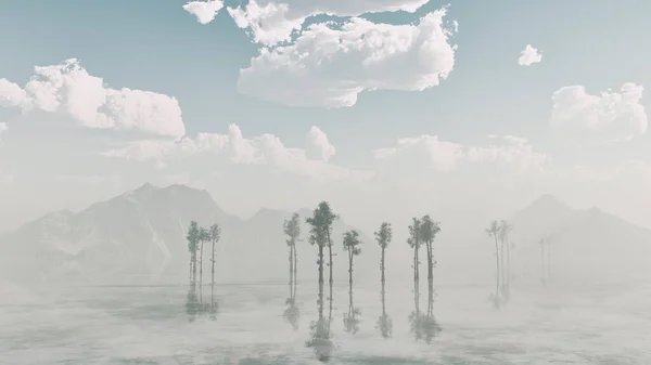 Lago Con Alberi Montagne Sotto Cielo Nuvoloso Blu Immagine Generata — Foto Stock