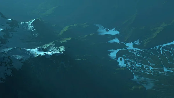 Luchtfoto Van Mistig Afgelegen Berglandschap Computergegenereerde Afbeelding — Stockfoto