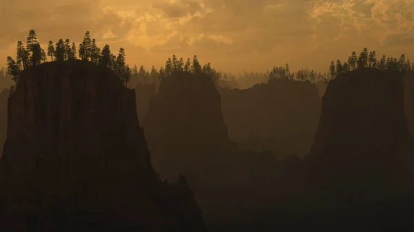 Rough Montanhas Deserto Com Árvores Sob Céu Nublado Renderização — Fotografia de Stock