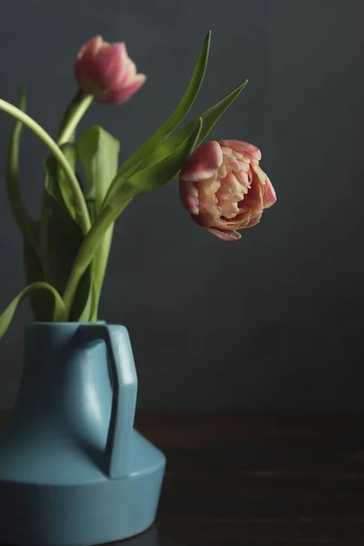 Vintage Blue Vase Pink Tulips Wooden Table — Stock Photo, Image