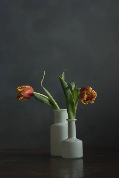 Two White Glass Vases Red Yellow Flame Tulips Wooden Table — Stock Photo, Image