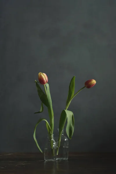 Dos Tulipanes Llama Roja Amarilla Pequeñas Botellas Vidrio Sobre Mesa — Foto de Stock