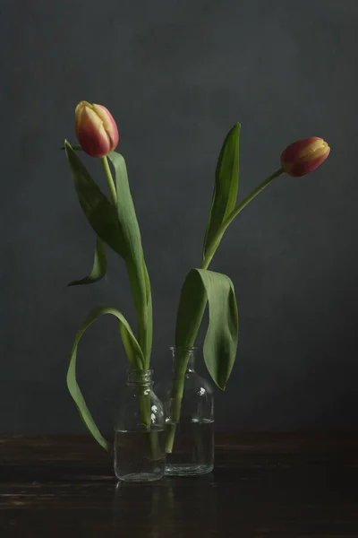 Dos Tulipanes Llama Roja Amarilla Pequeñas Botellas Vidrio Sobre Mesa — Foto de Stock