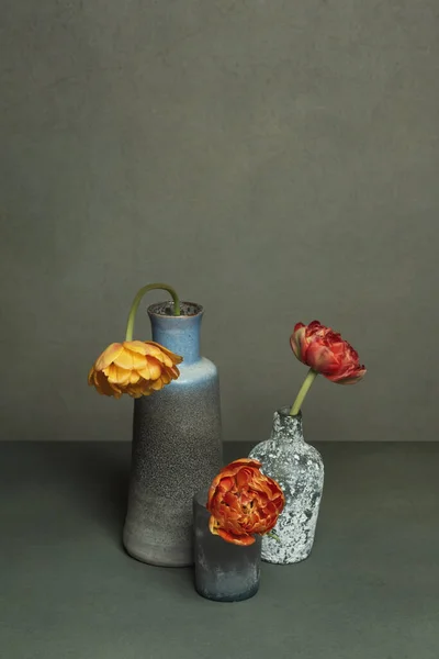 Three Vintage Vases Red Orange Peony Tulips Grey Room — Stock Photo, Image