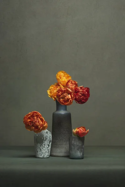 Three Vintage Vases Red Orange Peony Tulips Grey Room — Stock Photo, Image