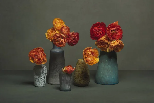 Four Vintage Vases Red Orange Peony Tulips Grey Room — Stock Photo, Image