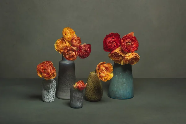 Four Vintage Vases Red Orange Peony Tulips Grey Room — Stock Photo, Image