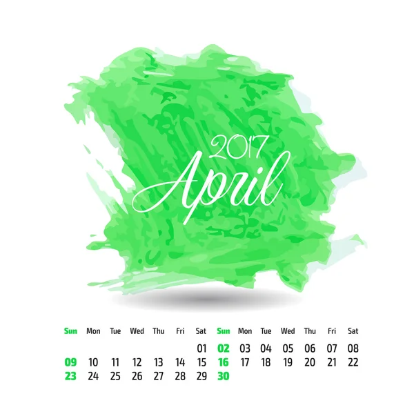 2017 year vector calendar on artistic paint splashes background. April — Stock Vector
