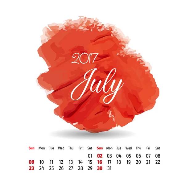 2017 year vector calendar on artistic paint splashes background. July — Stock Vector