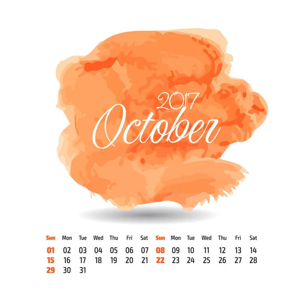 2017 year vector calendar on artistic paint splashes background. October — Stock Vector