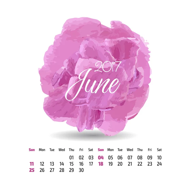 Έτος 2017 διανυσματικά ημερολόγιο στο καλλιτεχνικό χρώμα φόντου πιτσιλιές. Ιούνιος — Διανυσματικό Αρχείο