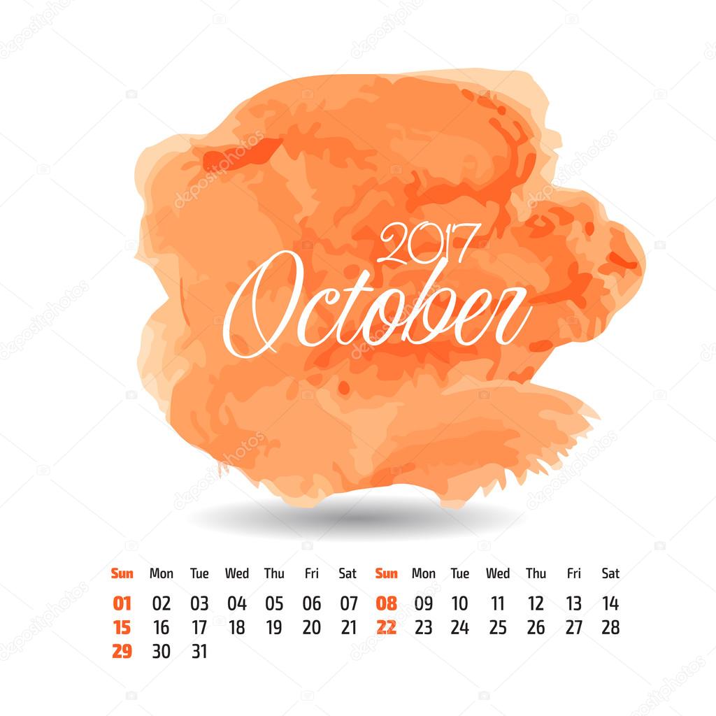 2017 year vector calendar on artistic paint splashes background. October