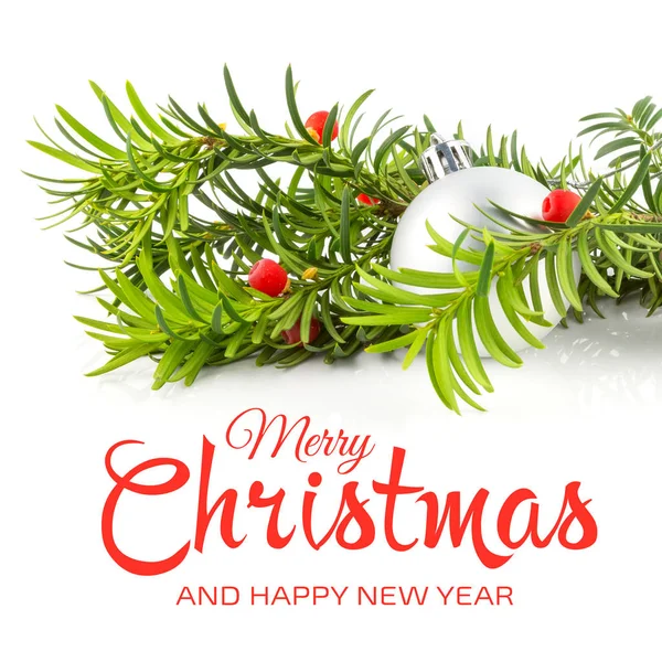 Cartão de Natal com abeto e decoração em fundo branco — Fotografia de Stock
