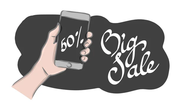 Vektor Illustration Icon Skizze von Hand und Smartphone, großer Verkauf. — Stockvektor