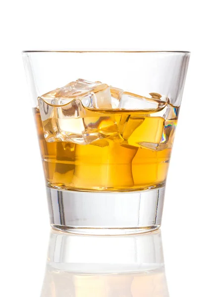 Glass of whiskey with ice on white background — Stock Photo, Image