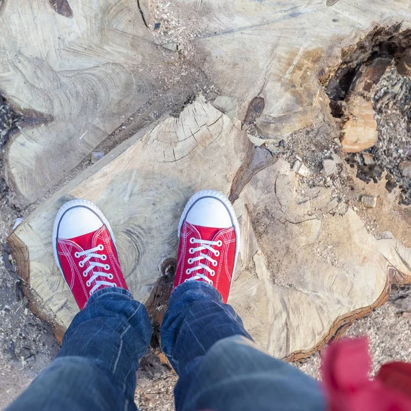 Young Man Feet Red Sneakers — Stock Photo, Image