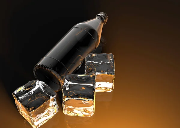 3D渲染黑色背景的冰块和瓶子 — 图库照片